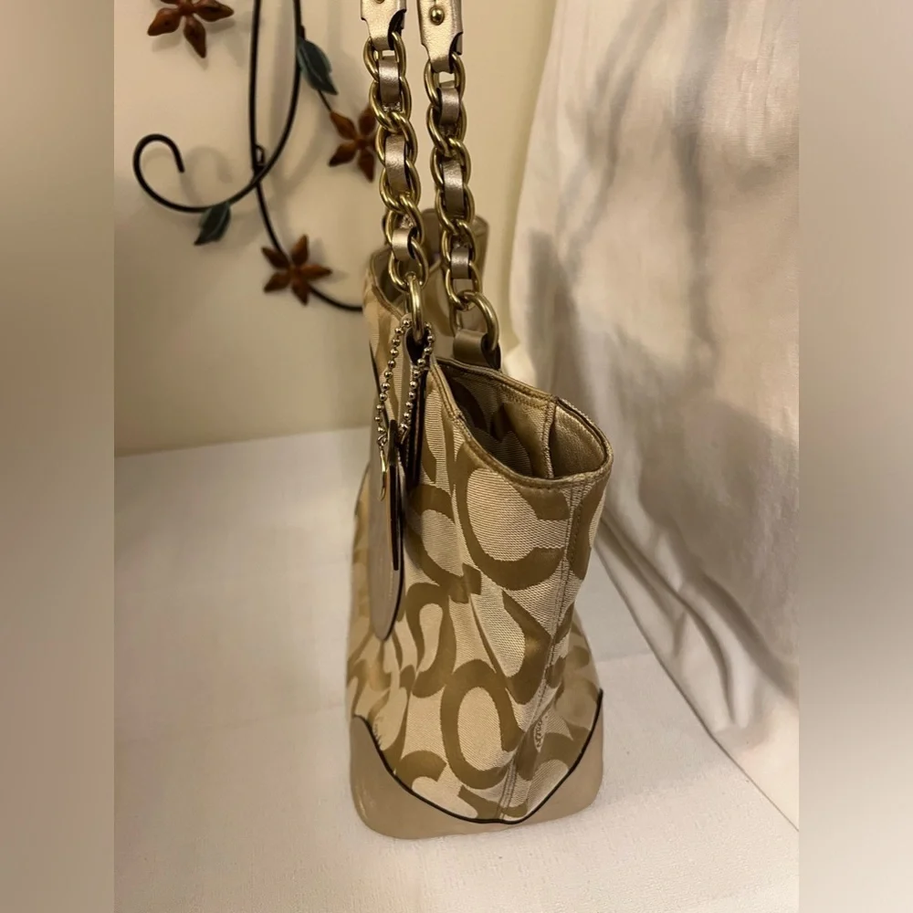 Coach Colette Opt Art Logo Gold Canvas Leather Large Tote Bag—read description
